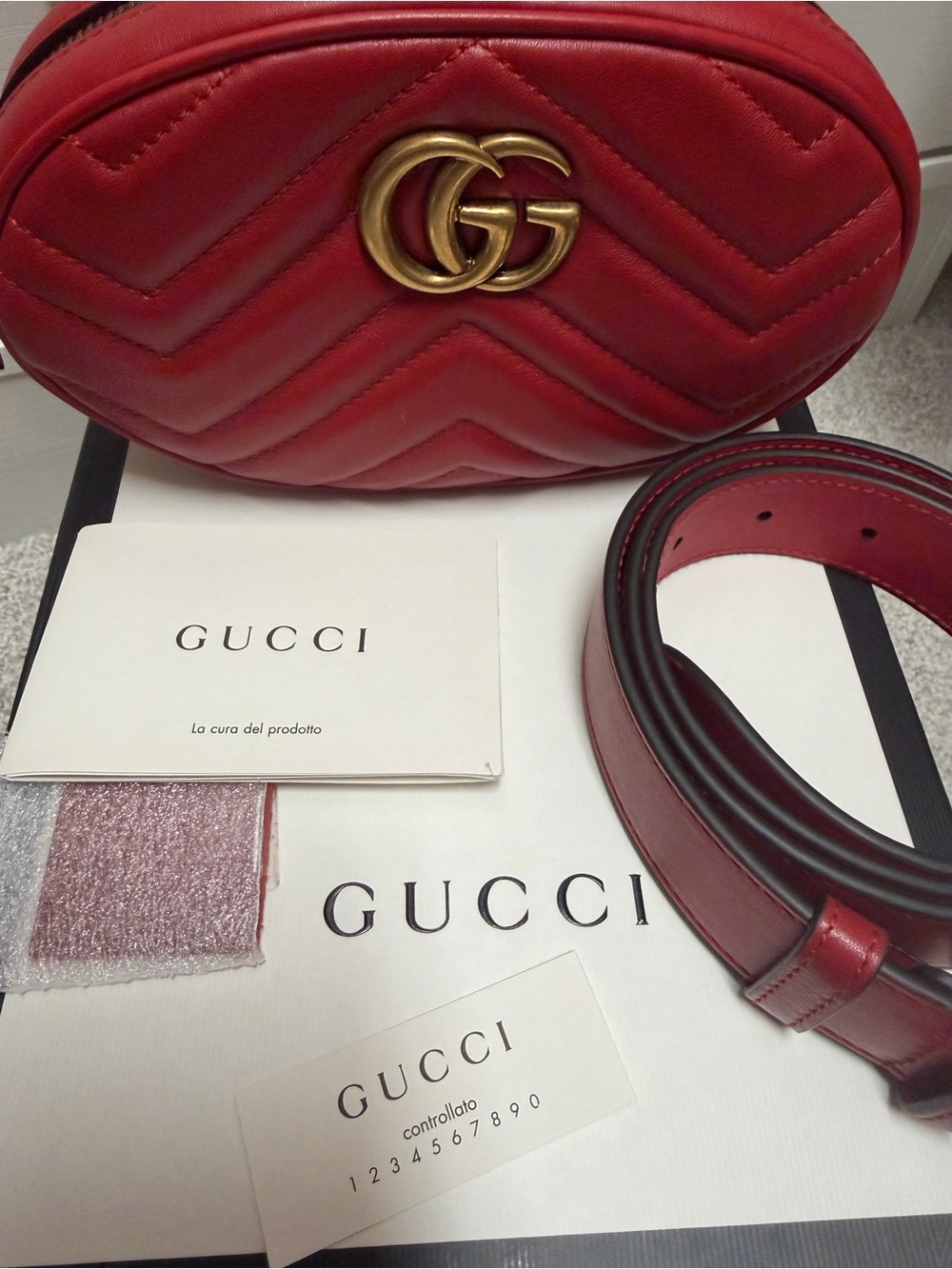 Gucci Red GG Marmont Quilted Crossbody Belt Bag with Gold Hardware